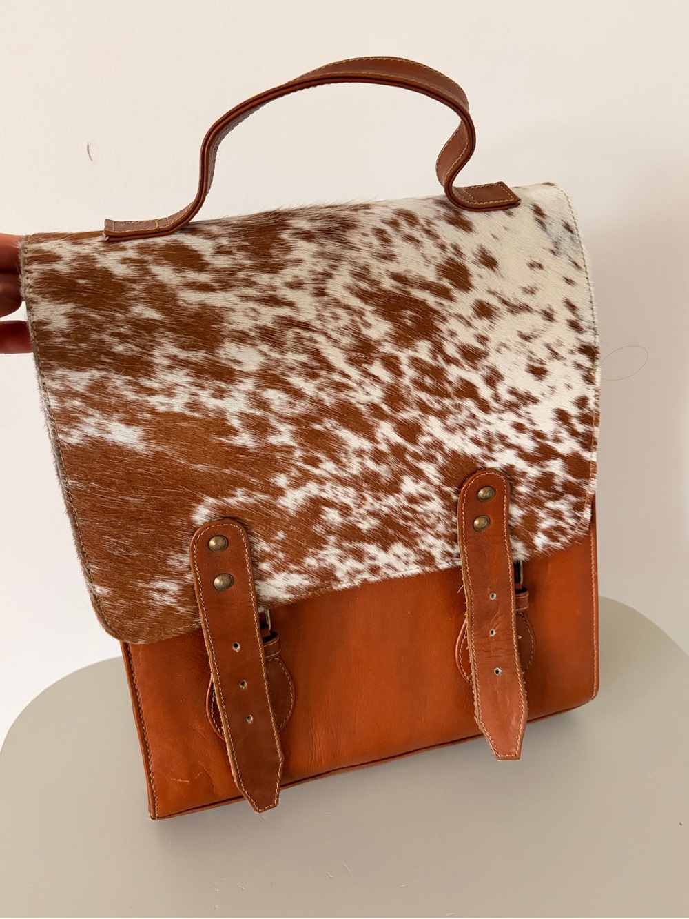 Handmade Ecuadorian Leather & Cowhide Backpack Satchel Brown Hair-On Hide Flap